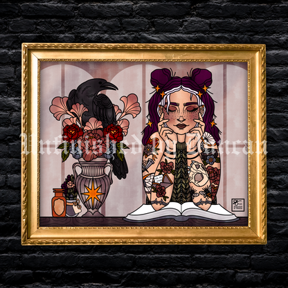 Seeking the Silence | Romance, Raven, Floral, Flora, Bookish, Book Girlie, Traditional Tattoo Flash