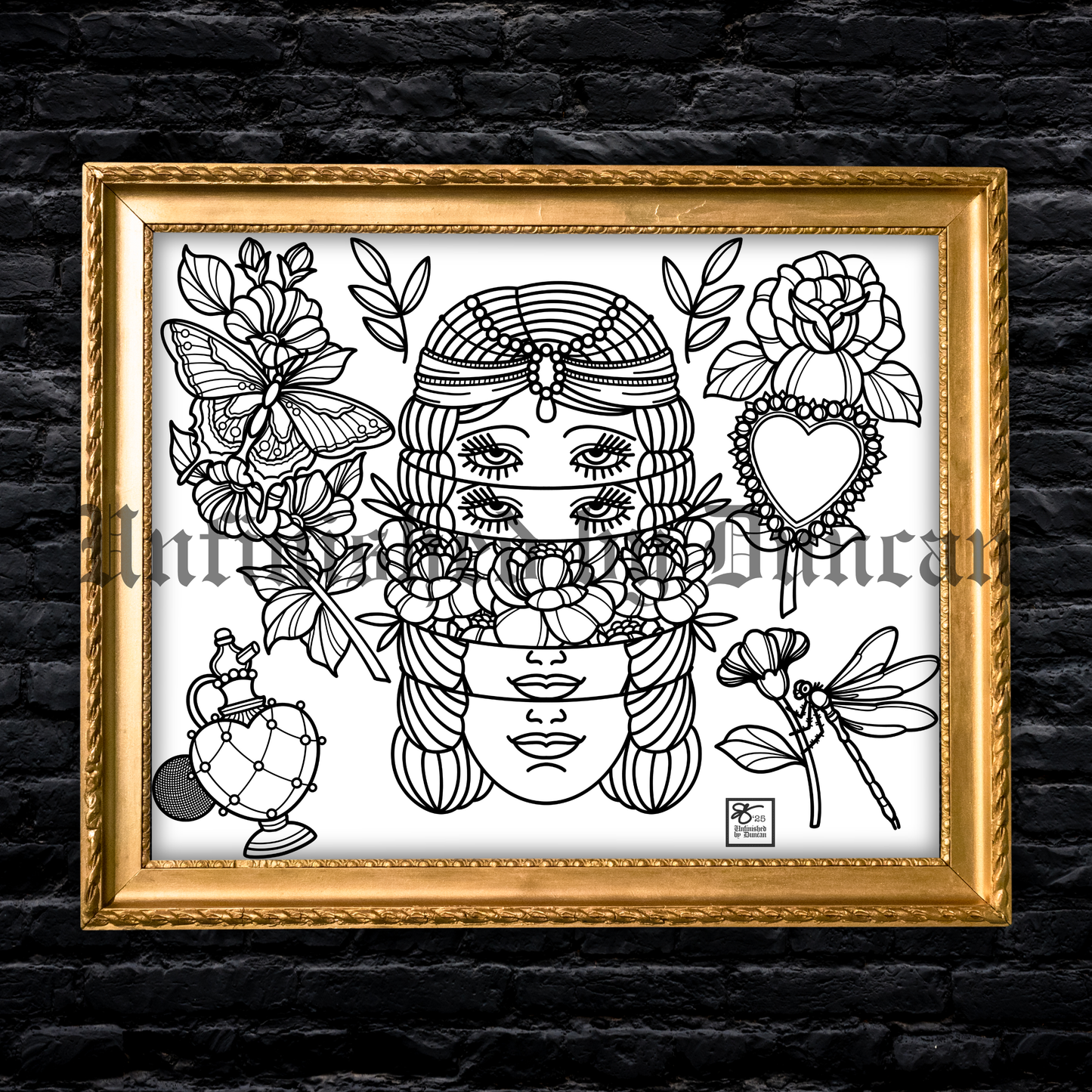 Gypsy & Flora Coloring Page | Traditional Tattoo Inspired Art Print Flash Sheet