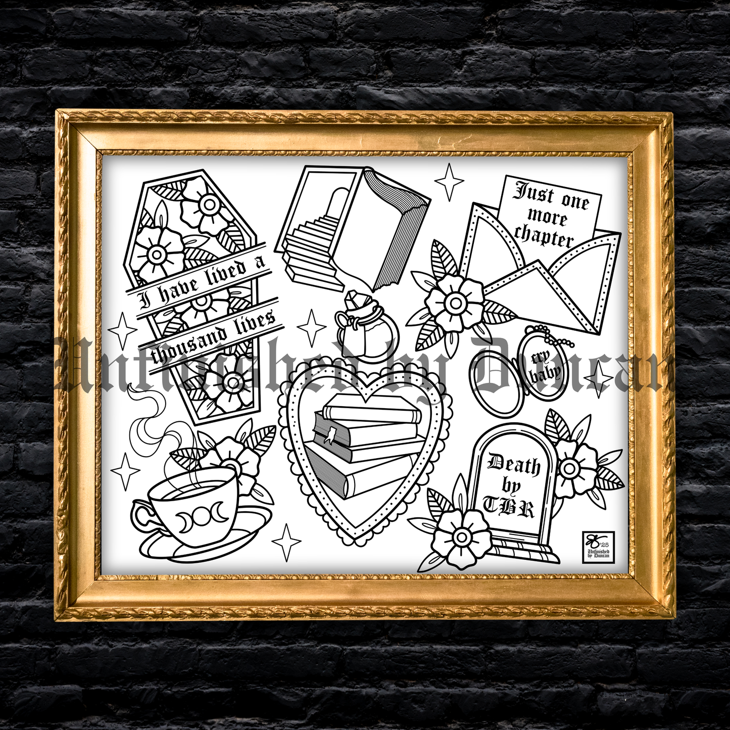 Bookish (#1) Coloring Page | Traditional Tattoo Inspired Art Print Flash Sheet