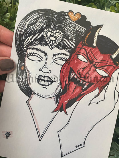 Female Masked Devil | Traditional Tattoo Inspired Art Print (Last Call)