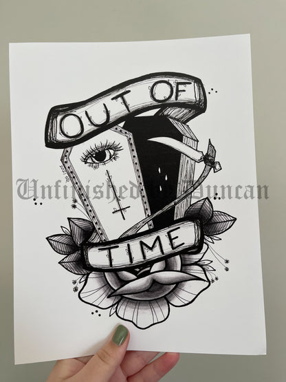 Out of Time | B&W Reaper, Coffin, & Traditional Tattoo Rose Inspired Art Print