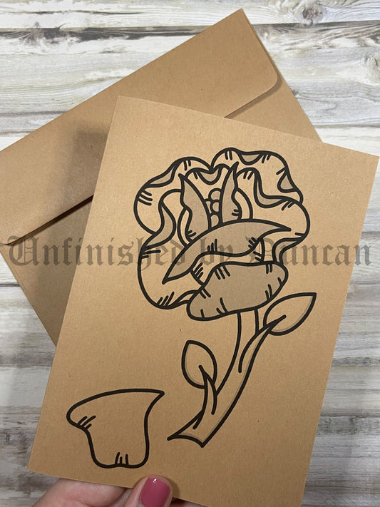 Floral Greeting Card | Folded Greyscale Card, Traditional Tattoo Inspired Art Design