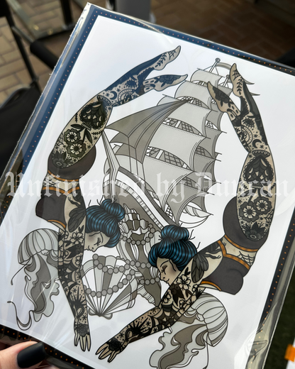 Calypso | Sailor Siblings, Twins, Tattooed Ladies, Tattooed Lady, Underwater Theme, Traditional Tattoo Flash