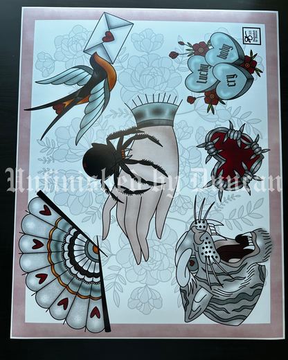 Lucky Cry Baby | Galentines, Valentines, Tiger, Sparrow, Vintage Fan, Barbed Wire Traditional Tattoo Inspired Art Flash Sheet