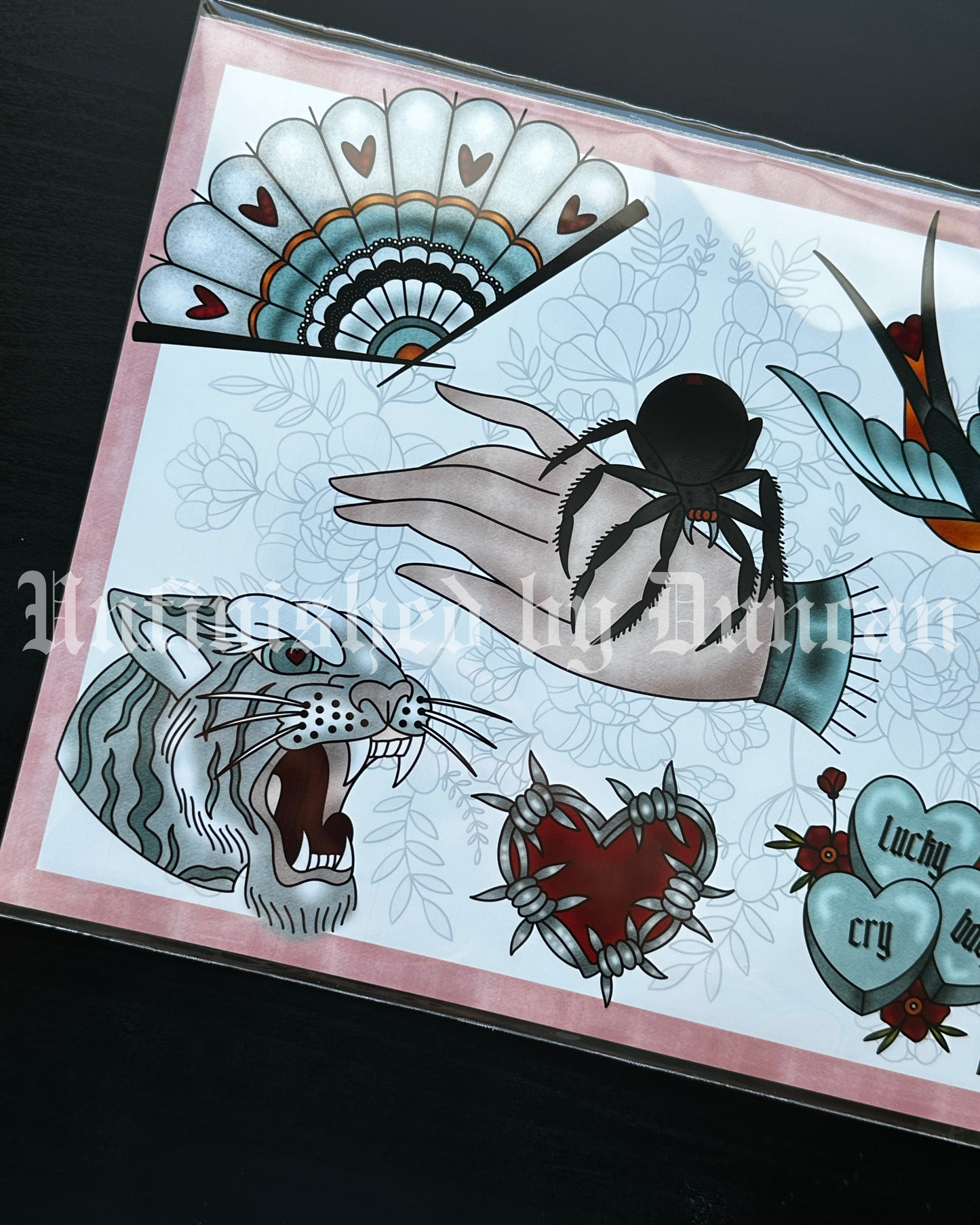 Lucky Cry Baby | Galentines, Valentines, Tiger, Sparrow, Vintage Fan, Barbed Wire Traditional Tattoo Inspired Art Flash Sheet