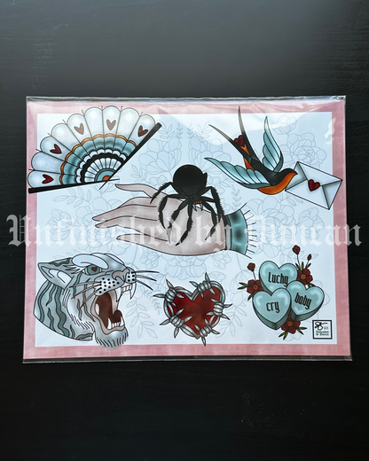 Lucky Cry Baby | Galentines, Valentines, Tiger, Sparrow, Vintage Fan, Barbed Wire Traditional Tattoo Inspired Art Flash Sheet