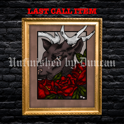 Omen | Roses, Floral, Flora, Deer, Traditional Tattoo Inspired Art Print (Last Call)