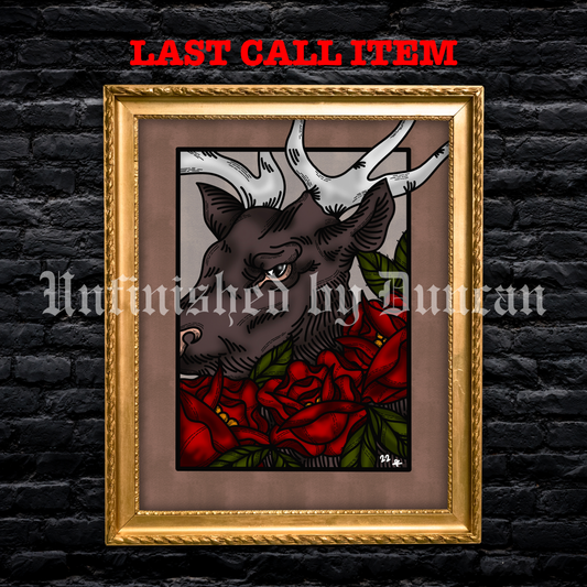 Omen | Roses, Floral, Flora, Deer, Traditional Tattoo Inspired Art Print (Last Call)