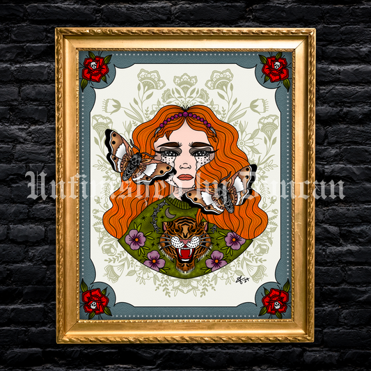 Poor Aileen | Death Moth, Redhead, Curvy Baddie, Traditional Tattoo Inspired Art Print