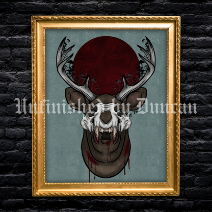 Blood Moon | Red Moon, Moon Art, Mushies, Skeletal, Deer, Mushroom Art, Traditional Tattoo Art Print