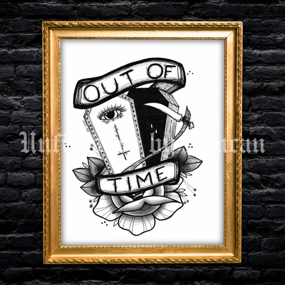 Out of Time | B&W Reaper, Coffin, & Traditional Tattoo Rose Inspired Art Print