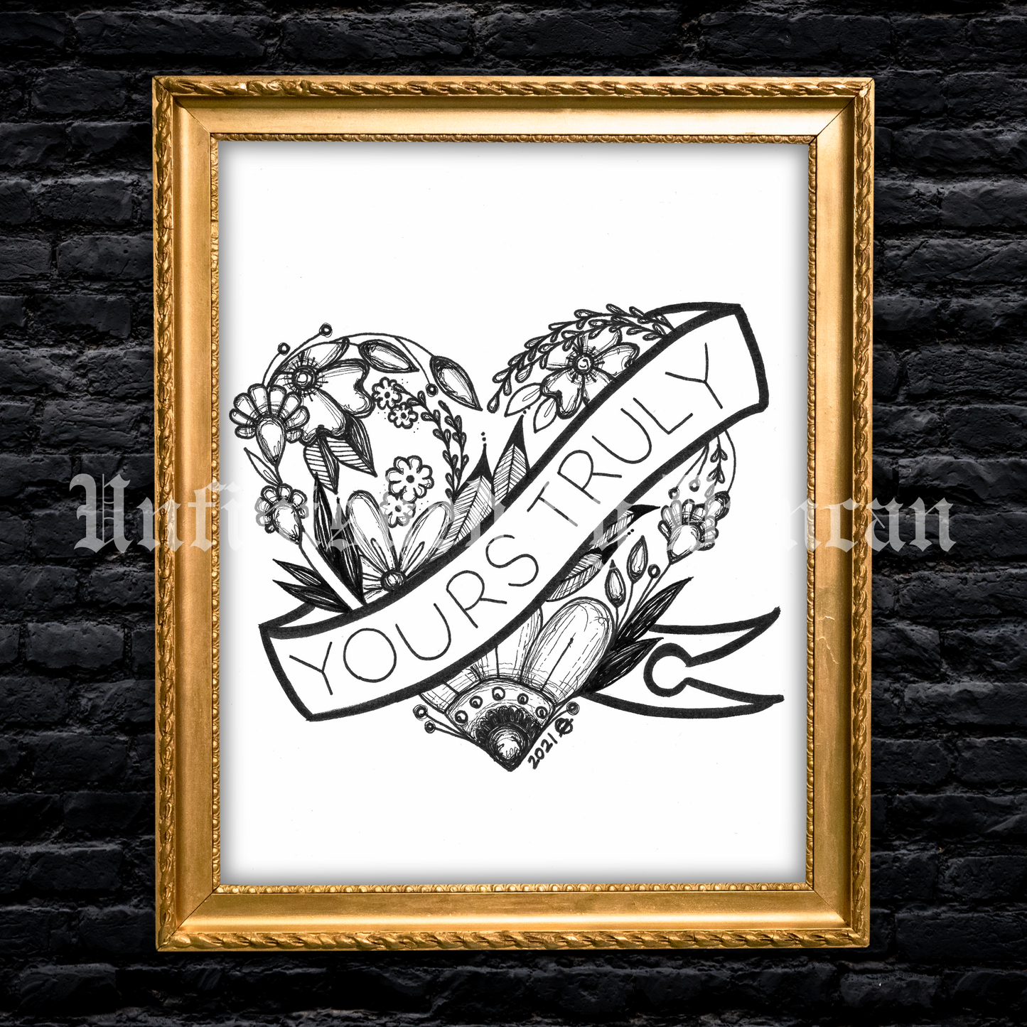 Yours Truly | Galetines, Valentines, B&W Floral, Traditional Tattoo Art Print