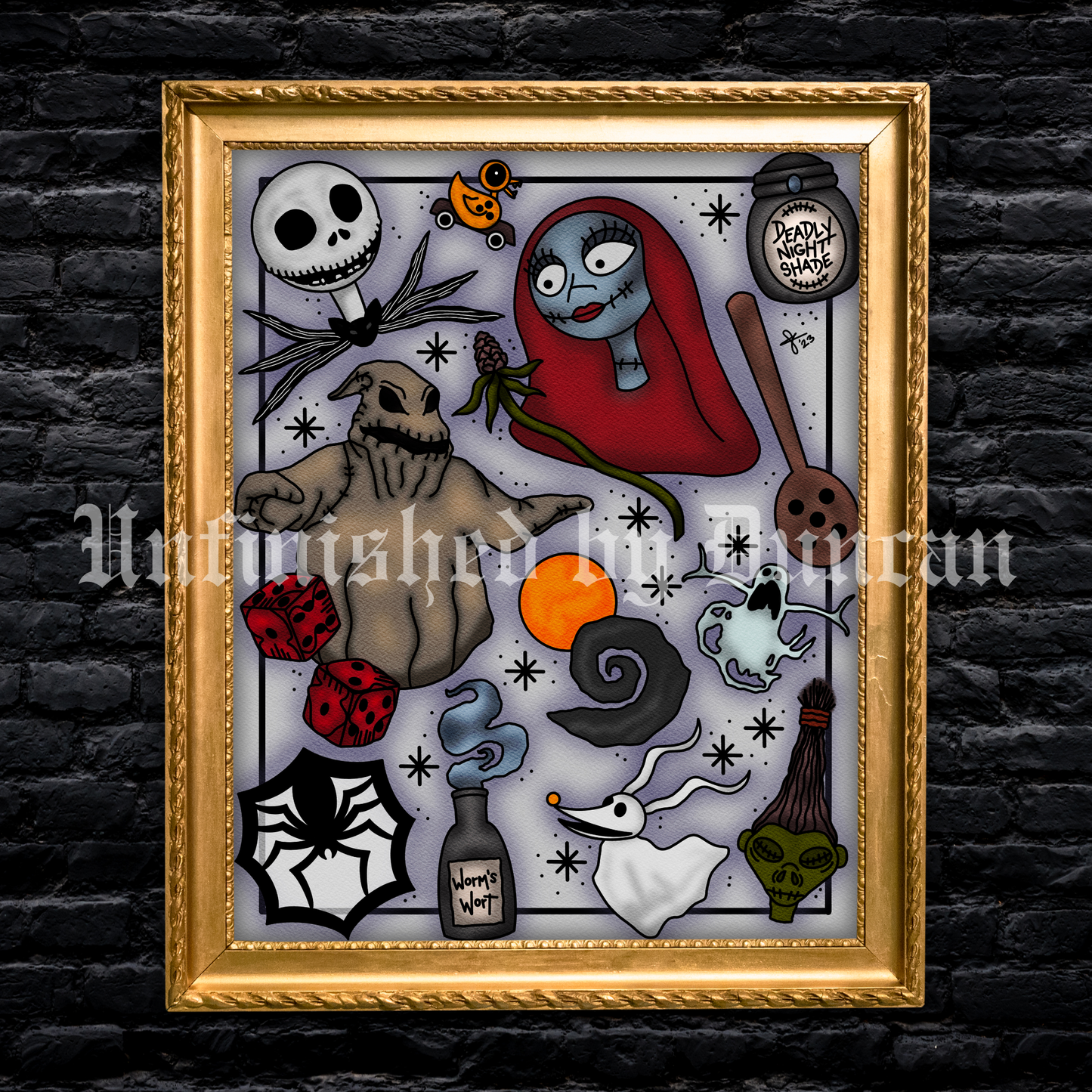 Nightmare Before Christmas (NBC) Flash Sheet | Deadly Nightshade, Jack & Sally, Oogie Boogie, & Zero Traditional Tattoo Art Print