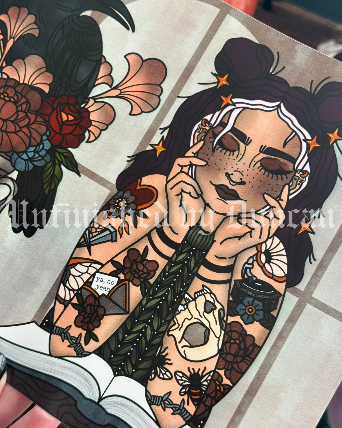 Seeking the Silence | Romance, Raven, Floral, Flora, Bookish, Book Girlie, Traditional Tattoo Flash