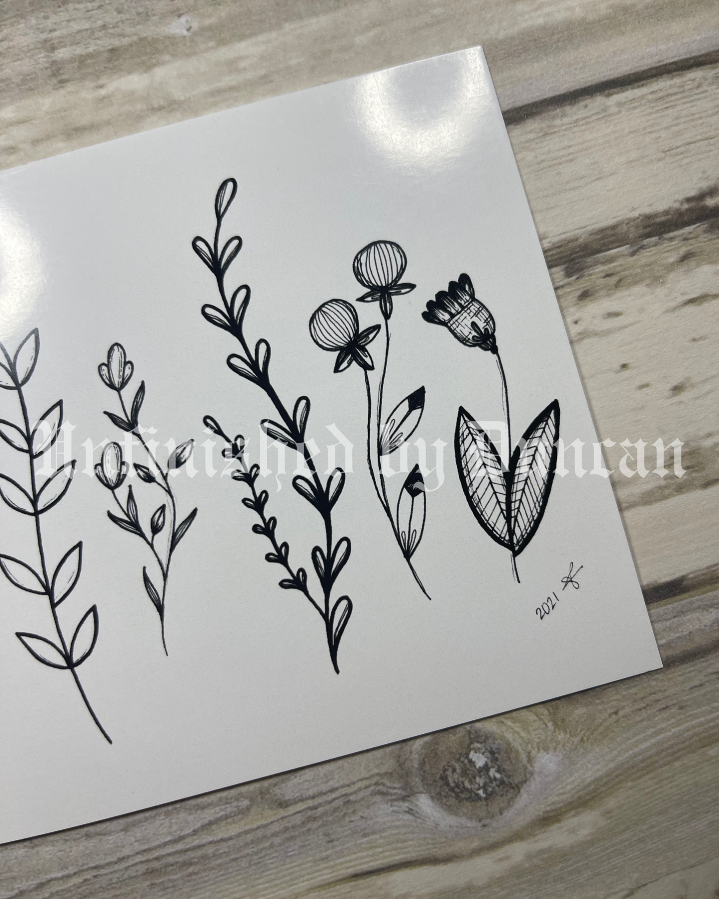 Florally Pieced Together Postcard | B&W Fine Line Tattoo Inspired Art Design