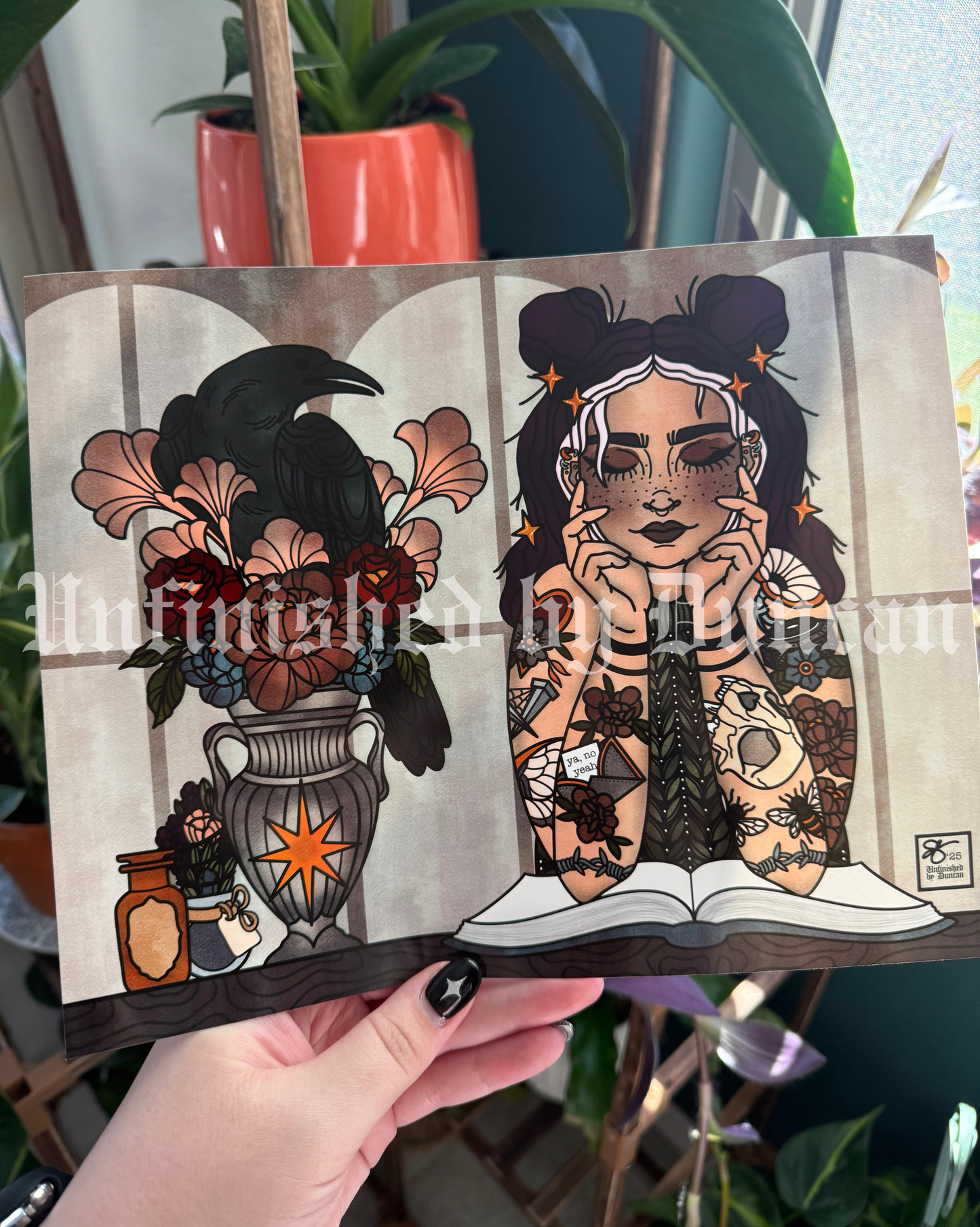 Seeking the Silence | Romance, Raven, Floral, Flora, Bookish, Book Girlie, Traditional Tattoo Flash